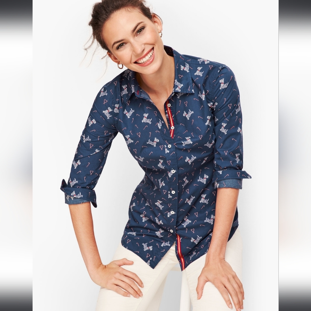 Talbot's Navy Sweet Dog Printed Button-Up Shirt